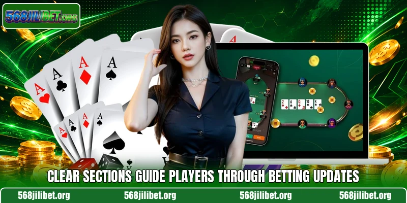 Clear sections guide players through betting updates